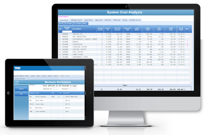 TMTRx Fleet Maintenance Software Screenshots with System Cost Analysis and Mechanic Information